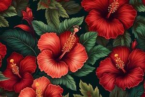 encantador rojo hibisco flores sin costura tropical fondo de pantalla exótico tropical modelo mano dibujado 3d ilustración tela fondo de pantalla papel. ai generado foto