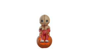 3D illustration. Sad Trick r Treat 3D Cartoon Character. Trick r Treat sits on a big Halloween pumpkin. Trick r Treat fell silent and showed a pitiful expression. 3d cartoon character png