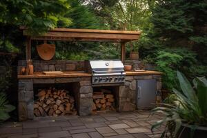 Outdoor kitchen with beautiful cooking grill with burning fire. photo