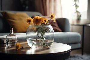 Design scandinavian interior of living room with flowers in vase and elegant personal accessories. photo