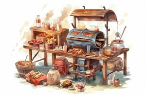 Watercolor illustration of a barbecue with a grill food and drinks. photo