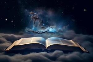 Open book with galaxy milky way stars other dimension cloud space. photo