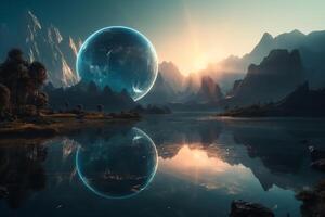 Futuristic fantasy scifi landscape mountains lake with large planet galaxy with light reflection in water. photo