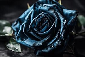 Beautiful high contrast indigo blue and black rose on a bright background. photo