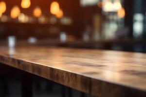 Abstract blurred cafe background empty wooden table top with bokeh and blank space product on restaurant desk. photo