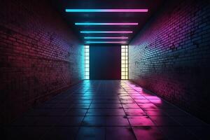 oscuro ciencia fi moderno futurista vacío grunge ladrillo pared habitación púrpura azul rosado brillante luces hormigón piso neón vertical línea ligero formas vacío espacio 3d representación. ai generado foto