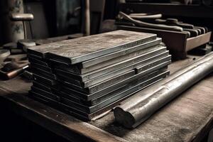 A stack of metal bars sitting on top of a table. photo