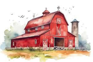 Cute cartoon hay barn or cowshed in red color isolated on white background watercolour postcard texture book wallpaper print graphic resources calendar. photo