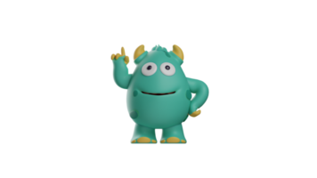 3D illustration. Little Monster 3D Cartoon Character. A cute monster standing pointing up. Monster smiles sweetly and looks adorable. 3d cartoon character png