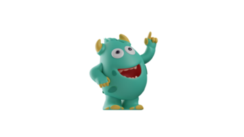 3d Illustration. bezaubernd Monster- 3d Karikatur Charakter. süß Monster- grinsend breit während zeigen hoch. das Monster- zeigte äußerst glücklich Ausdruck. 3d Karikatur Charakter png