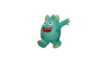 3D illustration. Unique Monster 3D Cartoon Character. Monster ran and put his hands behind his back. Happy monster is playing run. 3d cartoon character png