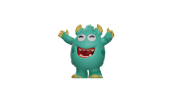 3D illustration. Cute Monster 3D Cartoon Character. The blue monster smiles happily. Cute monster standing spreading his arms. Monsters want to hug. 3d cartoon character png