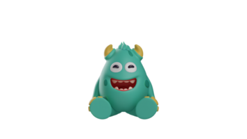 3d ilustración. adorable monstruo 3d dibujos animados personaje. un minúsculo monstruo en un sentado pose. monstruo sonrió en general y presentado agudo dientes. 3d dibujos animados personaje png