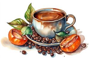 Cup of morning coffee with coffee beans watercolor hand drawn illustration isolated on white background. photo