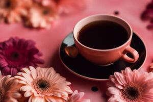 A cup of coffee on a pink background with flowers coffee mug with flowers and pink background. photo