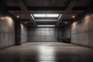 Abstract empty modern concrete room with ceiling lights and rough floor industrial interior background template 3d illustration. photo