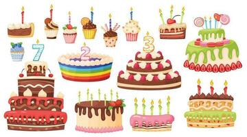 dibujos animados pasteles y magdalenas con velas, delicioso dulce postres cumpleaños celebracion chocolate pastel, magdalena y Pastelería vector conjunto