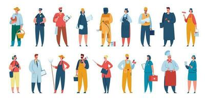 Professional workers in uniform, men and women with various occupations. Engineer, nurse, chef, policewoman, builder, farmer vector set