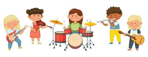 Kids music band, cartoon children playing musical instruments together. Child musicians playing on violin, guitar, drums vector illustration