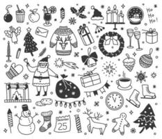 Christmas doodles, hand drawn xmas sketch drawings. Cute new year winter decorations, presents, santa, snowman doodle elements vector set