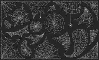 Víspera de Todos los Santos telarañas con arañas, negro telaraña marcos y fronteras de miedo telaraña marco o esquina decoración, escalofriante web silueta vector conjunto