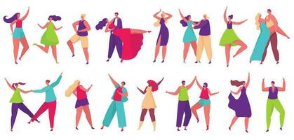 Dancer couples dance tango, people dancing and having fun. Happy characters partying and celebrating, professional dancers vector set