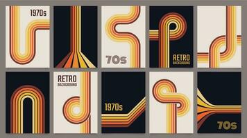 Vintage 70s geometric posters, abstract retro stripes backgrounds. Minimalist 1970s style color lines print or poster template vector set