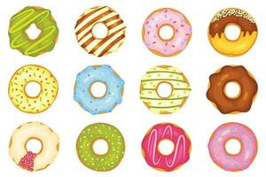 Cartoon donuts with different toppings, delicious sweet desserts. Top view donut with chocolate glaze and sprinkles, doughnut pastry vector set