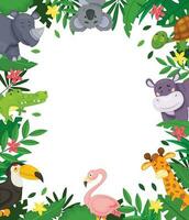 Cartoon jungle frame with cute african animals and tropical leaves. Animal characters in rainforest border with space for text vector background