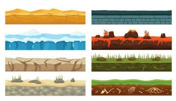 dibujos animados sin costura paisaje jardines tipos, juego primer plano elementos. lava, hielo, desierto, césped suelo capa superficie textura vector conjunto