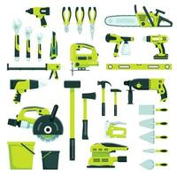 Working tools, construction and repair equipment, building instruments. Hammer, wrench, pliers, home renovation carpenter tool vector set