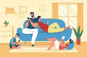 Family using smartphones and tablets, parents and kids with phones. Social media addiction, children use gadgets at home vector illustration