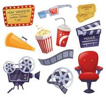 Cartoon cinema elements, movie theater tickets, popcorn. Camera, clapper board, 3d glasses, film tape, filming industry equipment vector set