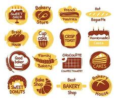 Bakery lettering logo, pastry or cupcake signs, labels. Bake shop logotype with hand drawn elements bread, croissant, pretzel, cake vector set