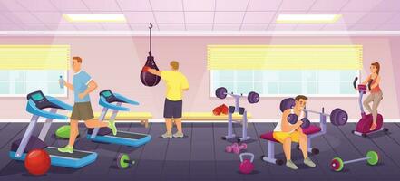 People exercise in sport gym, workout with fitness equipment. Cartoon training club interior with men and women working out Vector illustration