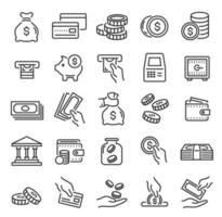 Money and finance icon, banking, atm payment, bank saving. Funds transfer or donation, cashback, money bag, coins, outline icons vector set