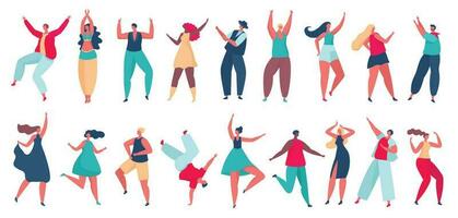 Young people dancing, happy characters in dance poses having fun. Men and women dancer characters at club or party celebration vector set
