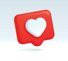 3d like icon, red speech bubble with heart symbol. Social media post notification, online communication chat element vector illustration