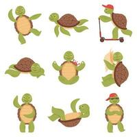 dibujos animados linda tortugas, gracioso tortuga caracteres. contento pequeño Tortuga nadar, dormido o haciendo yoga, mar deportes acuáticos animal vector conjunto