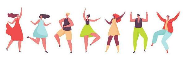 bailando caracteres, joven personas danza a fiesta o club. amigos teniendo divertido y celebrando juntos, hombres y mujer bailarines vector conjunto