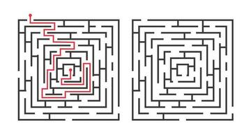 Square labyrinth game with solution, route finding puzzle. Simple logical maze for children, find path riddle with answer vector illustration