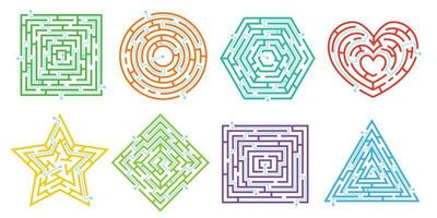 Maze puzzle games in different shapes, simple labyrinths for kids. Route finding game, labyrinth puzzles, find path riddles vector set