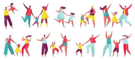 Happy family dancing together, parents dance with kids. Mother and daughter dancers, children enjoying music with mom and dad vector set