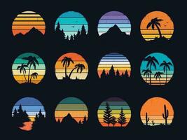 Retro sunset, 80s style grunge striped sunsets. Abstract vintage sunrise logo with summer beach, mountains, forest landscape vector set