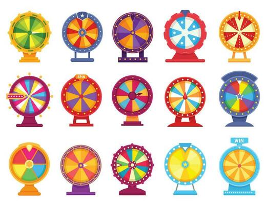 Fortune wheels, lucky spinning roulette, casino spin game. Colorful prize wheel, lottery prize roulettes games, money gambling flat vector set