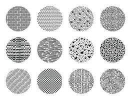 Hand drawn circle scribble textures, abstract round shape doodles. Sketch pattern background scribbles with dots or lines vector texture set