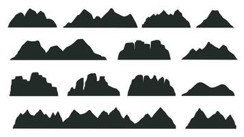 Black mountain ridge landscape silhouette, rocky terrain elements. Mountains peaks, hills, icebergs outdoor landscape silhouettes vector set
