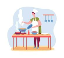 Chef cooks dinner at kitchen, restaurant or cafe vector