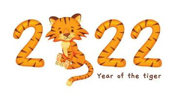 Year of the tiger 2022 template, chinese new year symbol. Cute baby wild cat animal character with orange striped numbers vector illustration