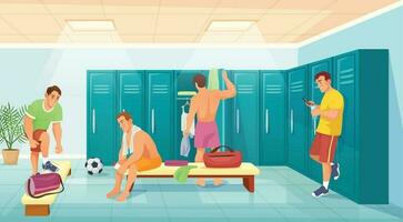 hombres Atletas en gimnasio armario habitación, fútbol equipo cambio ropa. deportistas en cambiando habitación, fútbol americano jugadores después formación vector ilustración
